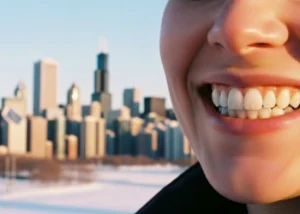 Close-up of a bright, healthy smile contrasting with subtle discoloration, set against a Chicago winter skyline.