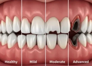 Illustration of periodontal disease stages showing healthy gums versus advanced bone loss around teeth