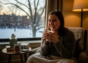Smiling Chicago patient sipping from a cup in cozy Lincoln Park winter setting after wisdom teeth removal