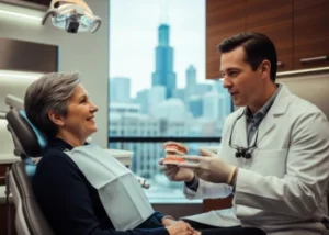 Smiling patient consulting dentist in modern Chicago clinic, discussing denture model
