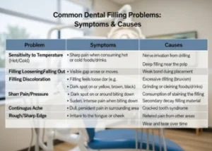 common dental filling problems, symptoms, and causes for easy reference